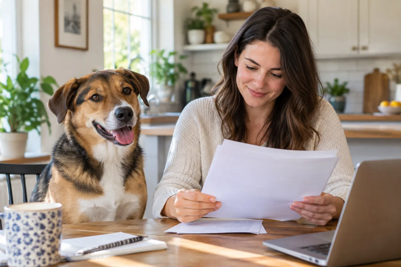 Owner reading paperwork beside a young dog